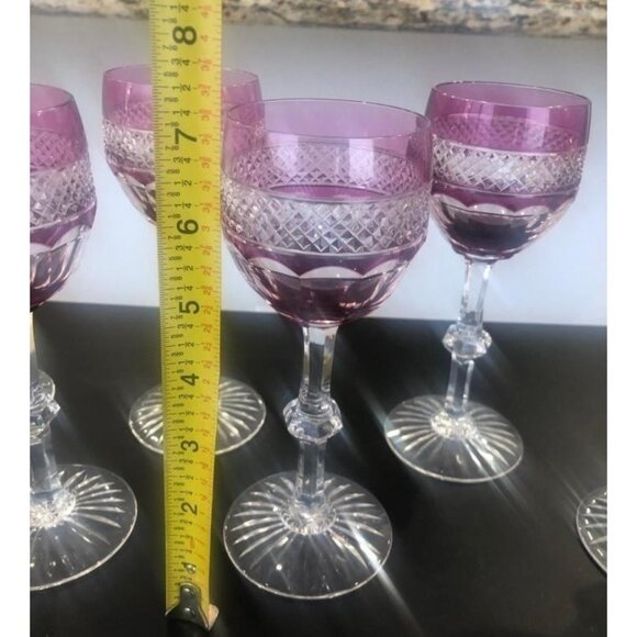 6 ST LOUIS TRIANON AMETHYST PURPLE SIGNED HOCK WINE 7 1/8" TALL CUT CROSS HATCH - Picture 9 of 11